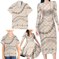 Beige Aloha Hawaii Shell Lei Family Matching Long Sleeve Bodycon Dress and Hawaiian Shirt Palaka Hebrew Cone Honey Cowrie Elegant Curves LT14 - Polynesian Pride