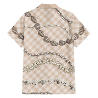 Beige Aloha Hawaii Shell Lei Family Matching Off The Shoulder Long Sleeve Dress and Hawaiian Shirt Palaka Hebrew Cone Honey Cowrie Elegant Curves LT14 - Polynesian Pride