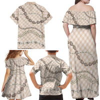 Beige Aloha Hawaii Shell Lei Family Matching Off Shoulder Maxi Dress and Hawaiian Shirt Palaka Hebrew Cone Honey Cowrie Elegant Curves - Polynesian Pride