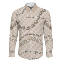 Beige Aloha Hawaii Shell Lei Family Matching Off Shoulder Maxi Dress and Hawaiian Shirt Palaka Hebrew Cone Honey Cowrie Elegant Curves - Polynesian Pride