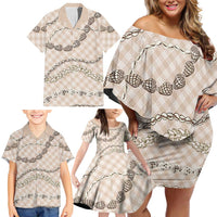 Beige Aloha Hawaii Shell Lei Family Matching Off Shoulder Short Dress and Hawaiian Shirt Palaka Hebrew Cone Honey Cowrie Elegant Curves - Polynesian Pride