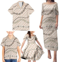 Beige Aloha Hawaii Shell Lei Family Matching Puletasi and Hawaiian Shirt Palaka Hebrew Cone Honey Cowrie Elegant Curves - Polynesian Pride