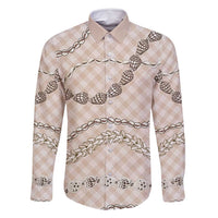 Beige Aloha Hawaii Shell Lei Family Matching Summer Maxi Dress and Hawaiian Shirt Palaka Hebrew Cone Honey Cowrie Elegant Curves - Polynesian Pride