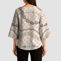 Beige Aloha Hawaii Shell Lei Kimono Sleeve Blouse Palaka Hebrew Cone Honey Cowrie Elegant Curves - Polynesian Pride