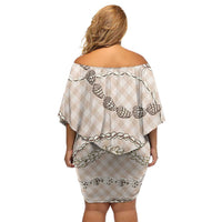Beige Aloha Hawaii Shell Lei Off Shoulder Short Dress Palaka Hebrew Cone Honey Cowrie Elegant Curves - Polynesian Pride