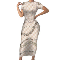 Beige Aloha Hawaii Shell Lei Short Sleeve Bodycon Dress Palaka Hebrew Cone Honey Cowrie Elegant Curves LT14 Long Dress Beige - Polynesian Pride