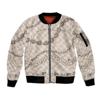 Beige Aloha Hawaii Shell Lei Sleeve Zip Bomber Jacket Palaka Hebrew Cone Honey Cowrie Elegant Curves - Polynesian Pride