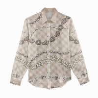 Beige Aloha Hawaii Shell Lei Women Casual Shirt Palaka Hebrew Cone Honey Cowrie Elegant Curves - Polynesian Pride