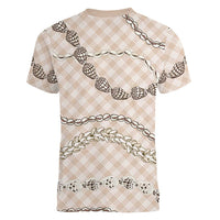 Beige Aloha Hawaii Shell Lei Women V-Neck T-Shirt Palaka Hebrew Cone Honey Cowrie Elegant Curves LT14 - Polynesian Pride