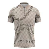 Beige Aloha Hawaii Shell Lei Zipper Polo Shirt Palaka Hebrew Cone Honey Cowrie Elegant Curves - Polynesian Pride
