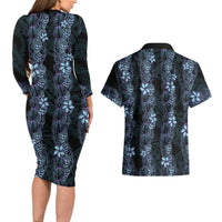 Purple Paradise Hawaii Shell Lei Couples Matching Long Sleeve Bodycon Dress and Hawaiian Shirt Hawaiian Sunrise Shell Hebrew Cone Plumeria - Polynesian Pride