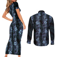Purple Paradise Hawaii Shell Lei Couples Matching Short Sleeve Bodycon Dress and Long Sleeve Button Shirt Hawaiian Sunrise Shell Hebrew Cone Plumeria LT14 - Polynesian Pride