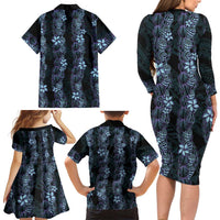 Purple Paradise Hawaii Shell Lei Family Matching Long Sleeve Bodycon Dress and Hawaiian Shirt Hawaiian Sunrise Shell Hebrew Cone Plumeria LT14 - Polynesian Pride