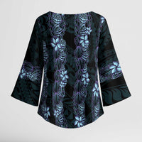 Purple Paradise Hawaii Shell Lei Kimono Sleeve Blouse Hawaiian Sunrise Shell Hebrew Cone Plumeria - Polynesian Pride