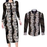 Black and Beige Hawaii Shell Lei Couples Matching Long Sleeve Bodycon Dress and Long Sleeve Button Shirt Hawaiian Sunrise Shell Hebrew Cone Plumeria - Polynesian Pride