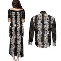 Black and Beige Hawaii Shell Lei Couples Matching Puletasi and Long Sleeve Button Shirt Hawaiian Sunrise Shell Hebrew Cone Plumeria LT14 - Polynesian Pride