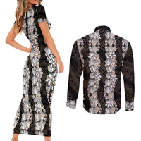 Black and Beige Hawaii Shell Lei Couples Matching Short Sleeve Bodycon Dress and Long Sleeve Button Shirt Hawaiian Sunrise Shell Hebrew Cone Plumeria - Polynesian Pride