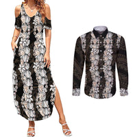 Black and Beige Hawaii Shell Lei Couples Matching Summer Maxi Dress and Long Sleeve Button Shirt Hawaiian Sunrise Shell Hebrew Cone Plumeria LT14 Black - Polynesian Pride