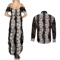 Black and Beige Hawaii Shell Lei Couples Matching Summer Maxi Dress and Long Sleeve Button Shirt Hawaiian Sunrise Shell Hebrew Cone Plumeria LT14 - Polynesian Pride