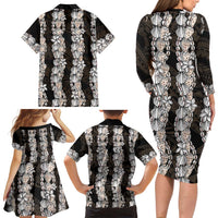 Black and Beige Hawaii Shell Lei Family Matching Long Sleeve Bodycon Dress and Hawaiian Shirt Hawaiian Sunrise Shell Hebrew Cone Plumeria LT14 - Polynesian Pride