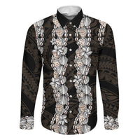 Black and Beige Hawaii Shell Lei Family Matching Off The Shoulder Long Sleeve Dress and Hawaiian Shirt Hawaiian Sunrise Shell Hebrew Cone Plumeria LT14 Dad's Shirt - Long Sleeve Black - Polynesian Pride