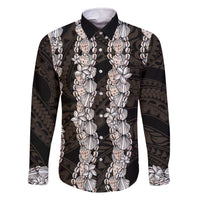 Black and Beige Hawaii Shell Lei Family Matching Off The Shoulder Long Sleeve Dress and Hawaiian Shirt Hawaiian Sunrise Shell Hebrew Cone Plumeria - Polynesian Pride