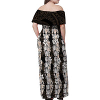 Black and Beige Hawaii Shell Lei Family Matching Off Shoulder Maxi Dress and Hawaiian Shirt Hawaiian Sunrise Shell Hebrew Cone Plumeria - Polynesian Pride