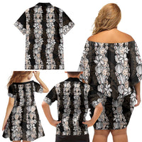 Black and Beige Hawaii Shell Lei Family Matching Off Shoulder Short Dress and Hawaiian Shirt Hawaiian Sunrise Shell Hebrew Cone Plumeria - Polynesian Pride