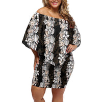 Black and Beige Hawaii Shell Lei Family Matching Off Shoulder Short Dress and Hawaiian Shirt Hawaiian Sunrise Shell Hebrew Cone Plumeria - Polynesian Pride