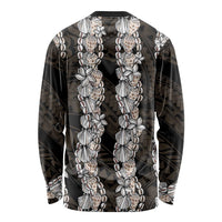 Black and Beige Hawaii Shell Lei Long Sleeve Shirt Hawaiian Sunrise Shell Hebrew Cone Plumeria - Polynesian Pride