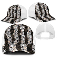Black and Beige Hawaii Shell Lei Mesh Trucker Cap Hawaiian Sunrise Shell Hebrew Cone Plumeria - Polynesian Pride