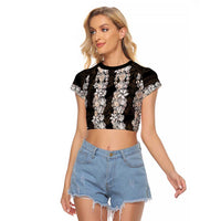 Black and Beige Hawaii Shell Lei Raglan Cropped T Shirt Hawaiian Sunrise Shell Hebrew Cone Plumeria - Polynesian Pride