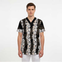 Black and Beige Hawaii Shell Lei Scrub Top Hawaiian Sunrise Shell Hebrew Cone Plumeria - Polynesian Pride