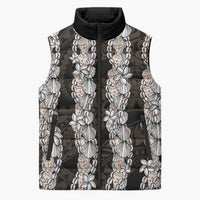 Black and Beige Hawaii Shell Lei Sleeveless Puffer Jacket Hawaiian Sunrise Shell Hebrew Cone Plumeria - Polynesian Pride