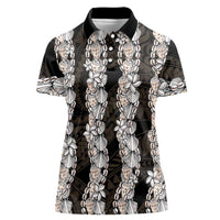 Black and Beige Hawaii Shell Lei Women Polo Shirt Hawaiian Sunrise Shell Hebrew Cone Plumeria LT14 Female Black - Polynesian Pride