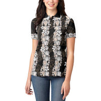 Black and Beige Hawaii Shell Lei Women Polo Shirt Hawaiian Sunrise Shell Hebrew Cone Plumeria LT14 - Polynesian Pride