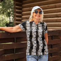 Black and Beige Hawaii Shell Lei Women Polo Shirt Hawaiian Sunrise Shell Hebrew Cone Plumeria LT14 - Polynesian Pride