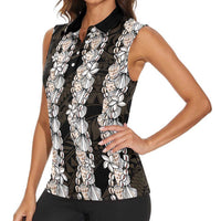 Black and Beige Hawaii Shell Lei Women Sleeveless Polo Shirt Hawaiian Sunrise Shell Hebrew Cone Plumeria - Polynesian Pride