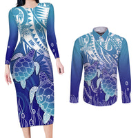 Polynesia Sea Turtle Couples Matching Long Sleeve Bodycon Dress and Long Sleeve Button Shirt Happy Valentine Day Polynesian - Dark Cyan LT14 Dark Cyan - Polynesian Pride