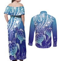 Polynesia Sea Turtle Couples Matching Off Shoulder Maxi Dress and Long Sleeve Button Shirt Happy Valentine Day Polynesian - Dark Cyan LT14 - Polynesian Pride