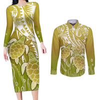 Polynesia Sea Turtle Couples Matching Long Sleeve Bodycon Dress and Long Sleeve Button Shirt Happy Valentine Day Polynesian - Gold LT14 Gold - Polynesian Pride