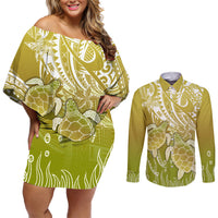 Polynesia Sea Turtle Couples Matching Off Shoulder Short Dress and Long Sleeve Button Shirt Happy Valentine Day Polynesian - Gold LT14 Gold - Polynesian Pride
