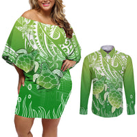 Polynesia Sea Turtle Couples Matching Off Shoulder Short Dress and Long Sleeve Button Shirt Happy Valentine Day Polynesian - Green LT14 Green - Polynesian Pride