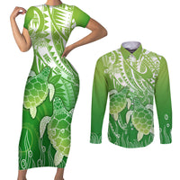 Polynesia Sea Turtle Couples Matching Short Sleeve Bodycon Dress and Long Sleeve Button Shirt Happy Valentine Day Polynesian - Green LT14 Green - Polynesian Pride