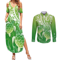 Polynesia Sea Turtle Couples Matching Summer Maxi Dress and Long Sleeve Button Shirt Happy Valentine Day Polynesian - Green LT14 Green - Polynesian Pride