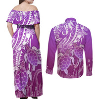 Polynesia Valentine Day Couples Matching Off Shoulder Maxi Dress and Long Sleeve Button Shirt Polynesian Sea Turtle Purple Version LT14 - Polynesian Pride