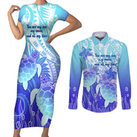 Polynesia Valentine Day Couples Matching Short Sleeve Bodycon Dress and Long Sleeve Button Shirt Polynesian Sea Turtle Turquoise Version LT14 Turquoise - Polynesian Pride