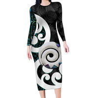 Aotearoa Koru Family Matching Long Sleeve Bodycon Dress and Hawaiian Shirt Cyan Maori Paua Shell Mix Silver Fern LT14 Mom's Dress Black - Polynesian Pride