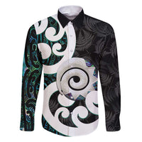Aotearoa Koru Family Matching Puletasi and Hawaiian Shirt Cyan Maori Paua Shell Mix Silver Fern LT14 Dad's Shirt - Long Sleeve Black - Polynesian Pride