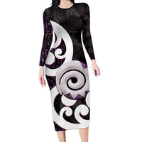 Aotearoa Koru Family Matching Long Sleeve Bodycon Dress and Hawaiian Shirt Purple Maori Paua Shell Mix Silver Fern LT14 Mom's Dress Black - Polynesian Pride